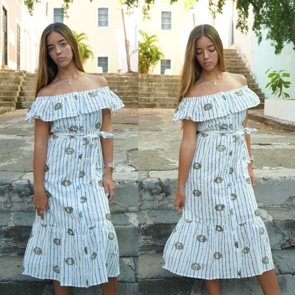 NEW Bohemian Off the Shoulder‎ White Striped Midi A Line Dress - Picture 1 of 5
